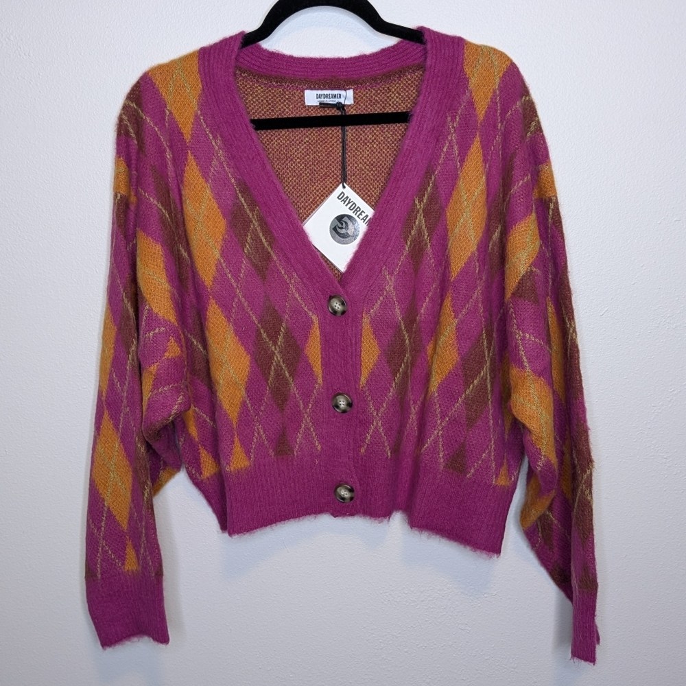 NWT Large Daydreamer Fuschia Sunset Argyle Cropped Plaid Cardigan Sweater - Picture 2 of 4